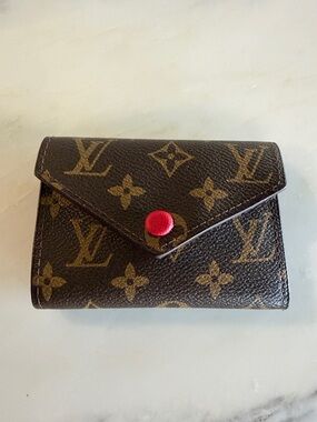 Monogram Compact Wallet in Brown with Red Snap- replication
